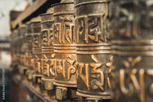 Buddhist prayer wheel at Swayambunath stupa, monkey temple, Kathmandu, Nepal
