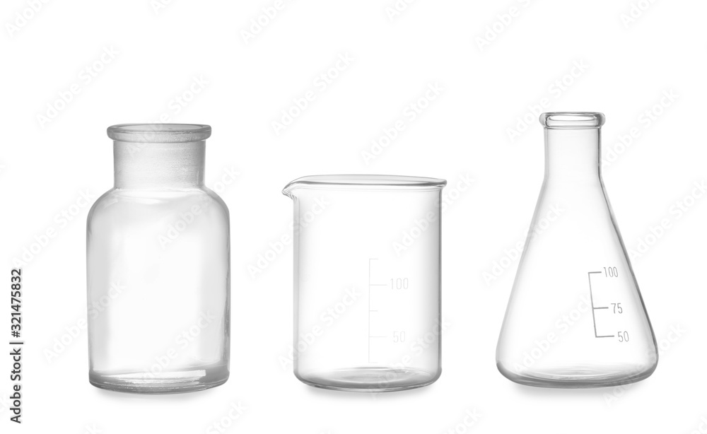 Clean empty laboratory glassware isolated on white Clean empty laboratory glassware isolated on white
