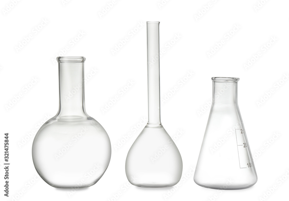 Clean empty laboratory glassware isolated on white Clean empty laboratory glassware isolated on white