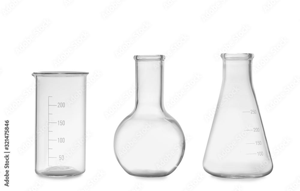 Clean empty laboratory glassware isolated on white Clean empty laboratory glassware isolated on white