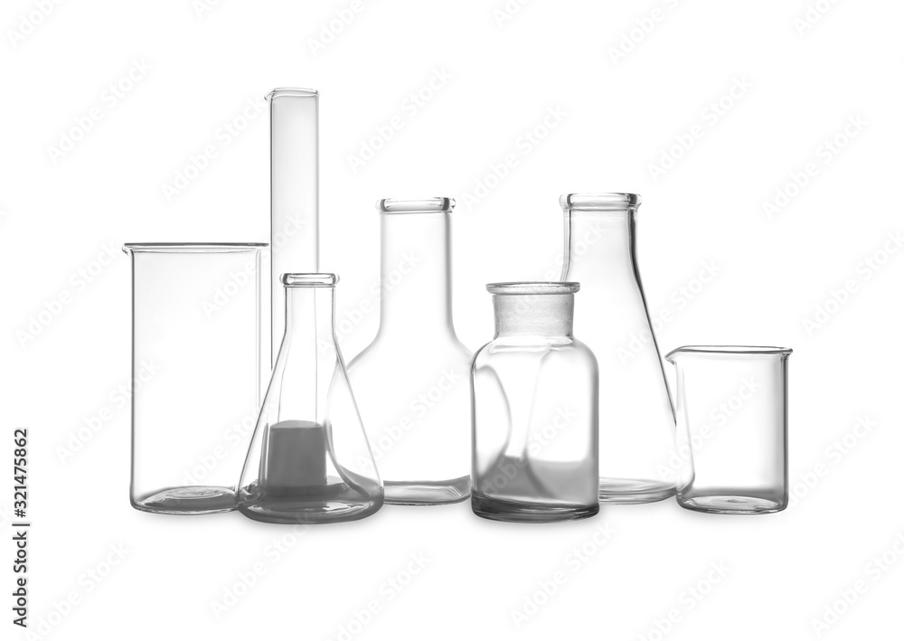 Clean empty laboratory glassware isolated on white Clean empty laboratory glassware isolated on white