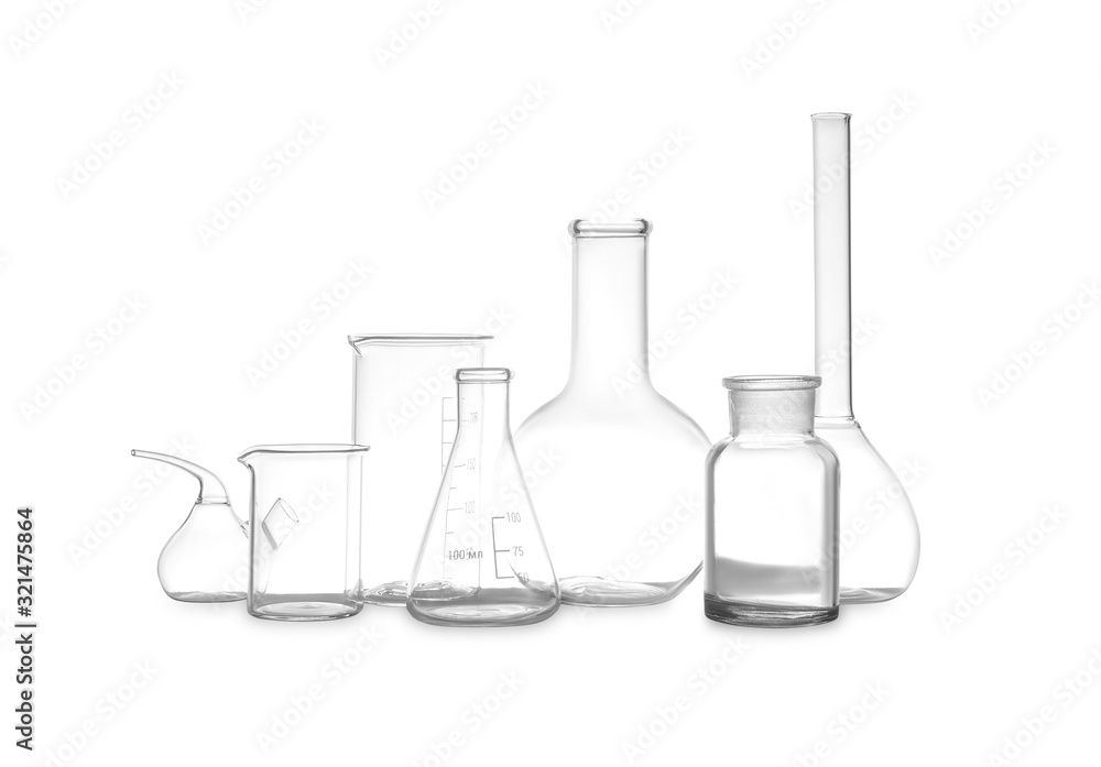 Clean empty laboratory glassware isolated on white Clean empty laboratory glassware isolated on white