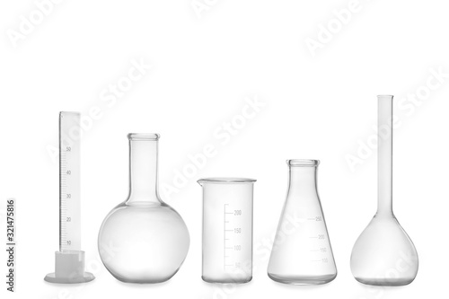 Clean empty laboratory glassware isolated on white