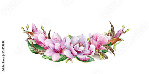 Fototapeta Naklejka Na Ścianę i Meble -  Magnolia flower arrangement with leaf and feather watercolor painted illustration. Tender spring realistic blossom invitation card. Hand drawn magnolia bouquet flowers isolated on white background.
