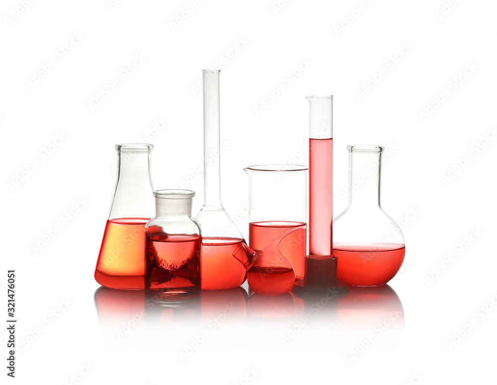 Different laboratory glassware with red liquid isolated on white Different laboratory glassware with red liquid isolated on white