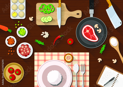 flat kitchen table for cooking suitable for banner, flyer, restaurant or cafe menu list, and more. flat design background.