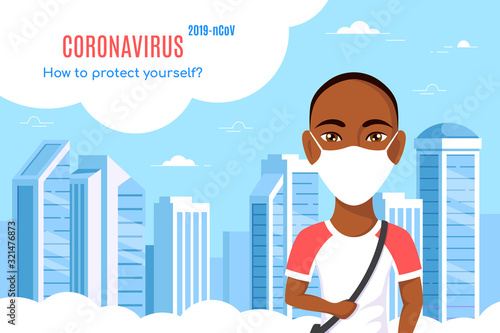 Young man wearing medical face mask in big city.
