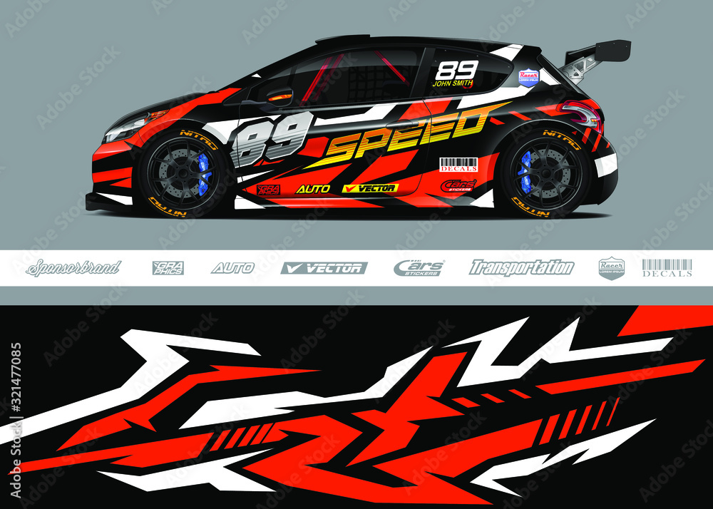 Race car livery design vector. Graphic abstract stripe racing background designs for vinyl wrap, race car, cargo van, pickup truck and adventure. Full vector Eps 10. Race car livery design vector. Graphic abstract stripe racing background designs for vinyl wrap, race car, cargo van, pickup truck and adventure. Full vector Eps 10.