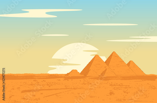 Egyptian pyramids Sahara desert landscape. Vector illustration in grunge style.
