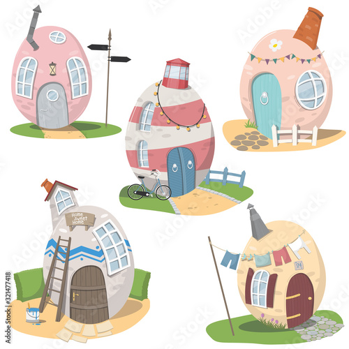 Set of five oval houses with exterior on a white background.