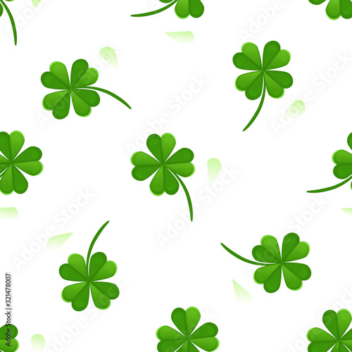 Seamless pattern with four-leaf clover. Vector illustration. Design for banner, card, invitation, postcard, textile, fabric, wrapping paper. Abstract background for St. Patrick's Day