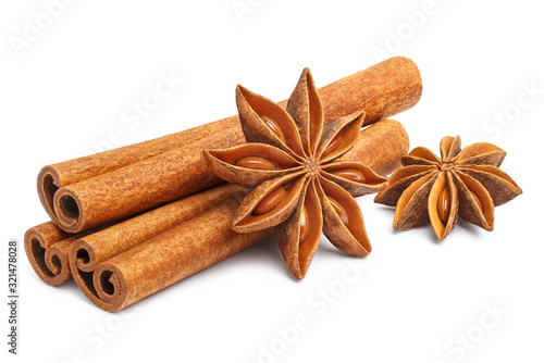Delicious cinnamon sticks and star anise, isolated on white background