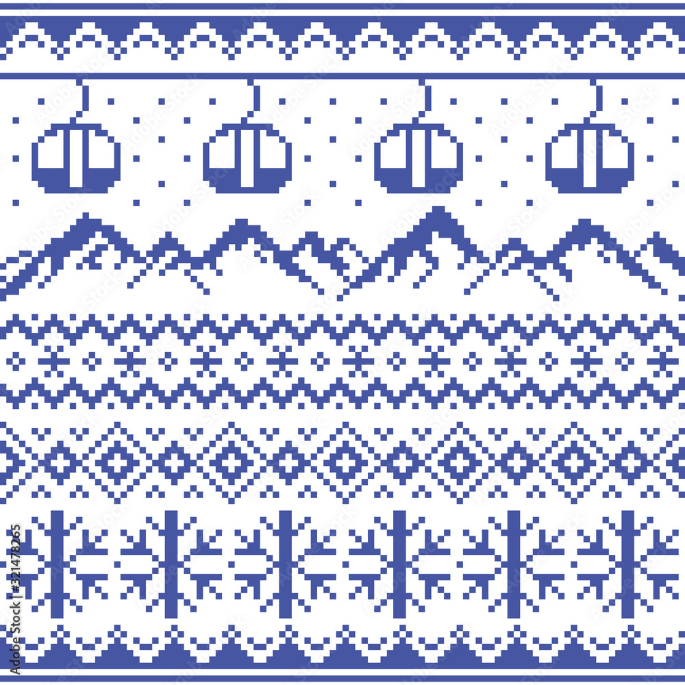 Mountains and gondolas ski and snowboard vector seamless pattern -  Fair Isle style traditional knitwear