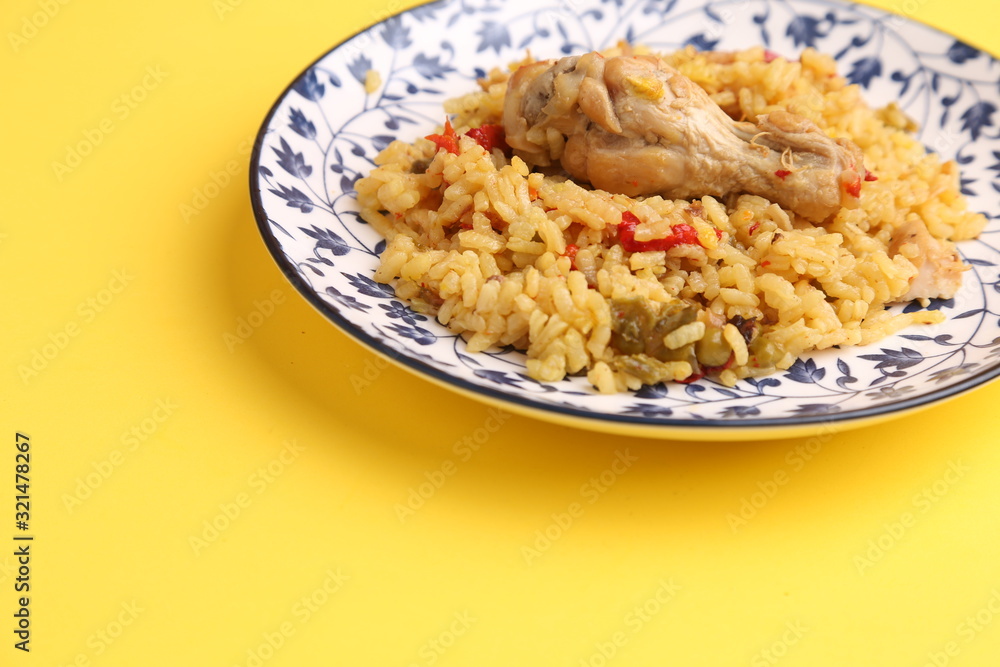 plate of rice with chicken and peppers plate of rice with chicken and peppers