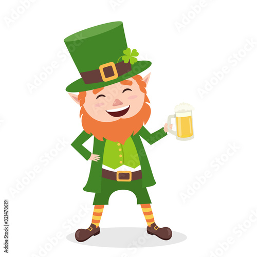 Cartoon Leprechaun in green frock coat and top hat with mug of light beer. Saint Patrick´s Day card. Vector illustration. Traditional Irish holiday character. Isolated on white background