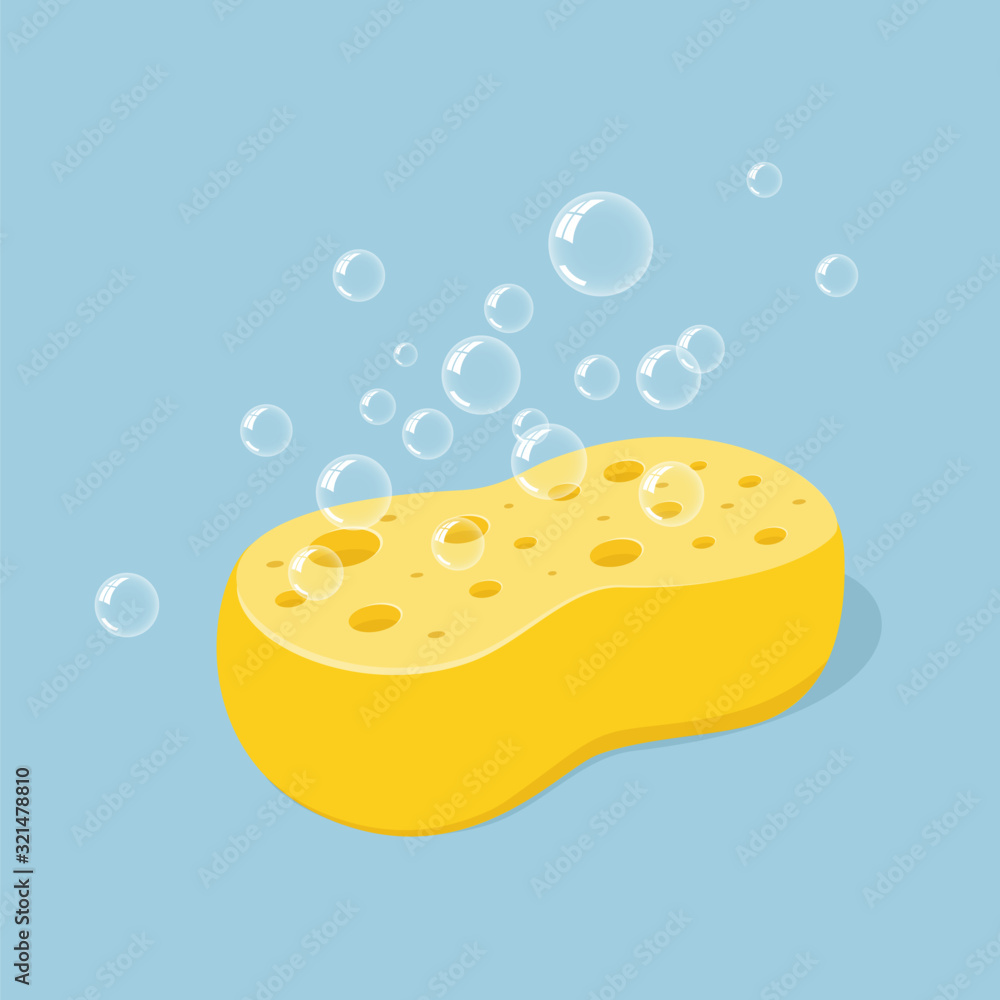 Yellow sponge for washing or cleaning with foam bubbles. Vector illustration in cartoon style, icon isolated - obrazy, fototapety, plakaty 