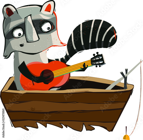 Raccon playing guitar on boat and fishing. vector illustration © Graphic&Illustration