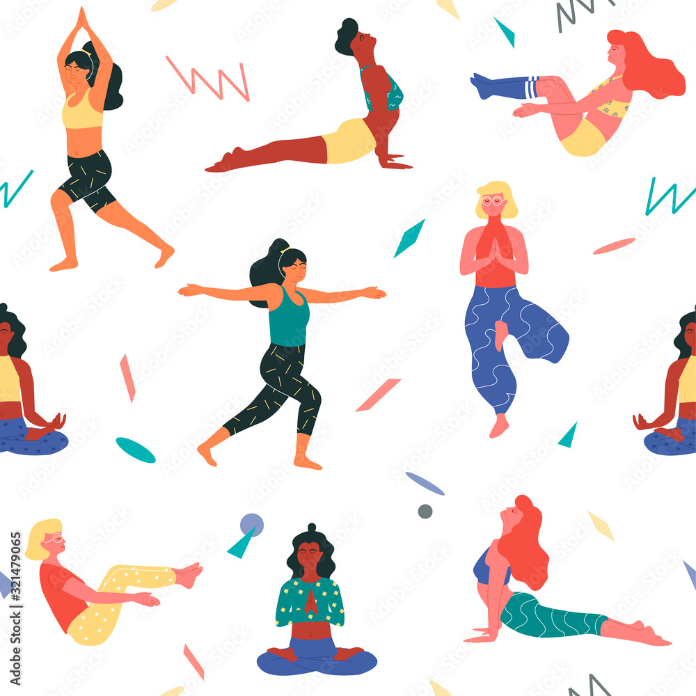 Printable seamless pattern template with the women in such yoga poses as boat, tree, warrior, cobra postures and burmese position. Physical activity and mental health. Hobby and interests.