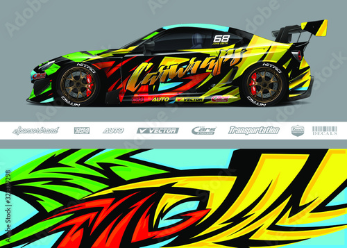 Race car livery design vector. Graphic abstract stripe racing background designs for vinyl wrap  race car  cargo van  pickup truck and adventure. Full vector Eps 10.