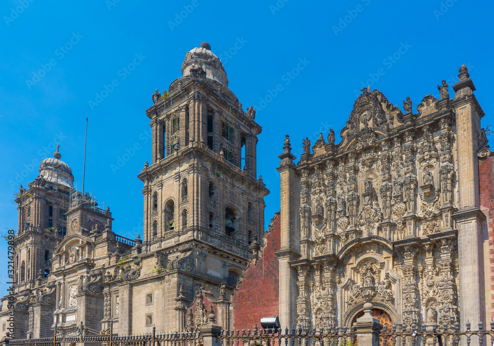 Fototapeta premium Metropolitan cathedral in Mexico city. Details of colonial architecture. Travel photo. Wallpaper or background. Latin america.