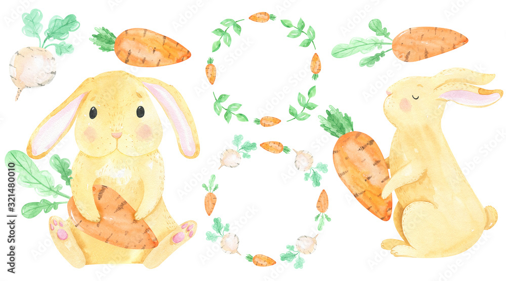 Naklejka premium Watercolor cute red rabbit, funny bunny. Baby cute animal, baby pets. Wild, forest animal, farm, carrot, grenery. Illustration rabbit. Happy easter, Easter Bunny.