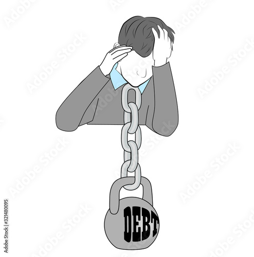 a DEBT kettlebell hangs on a person’s neck. debts, loans, hanging heavy load. vector illustration.