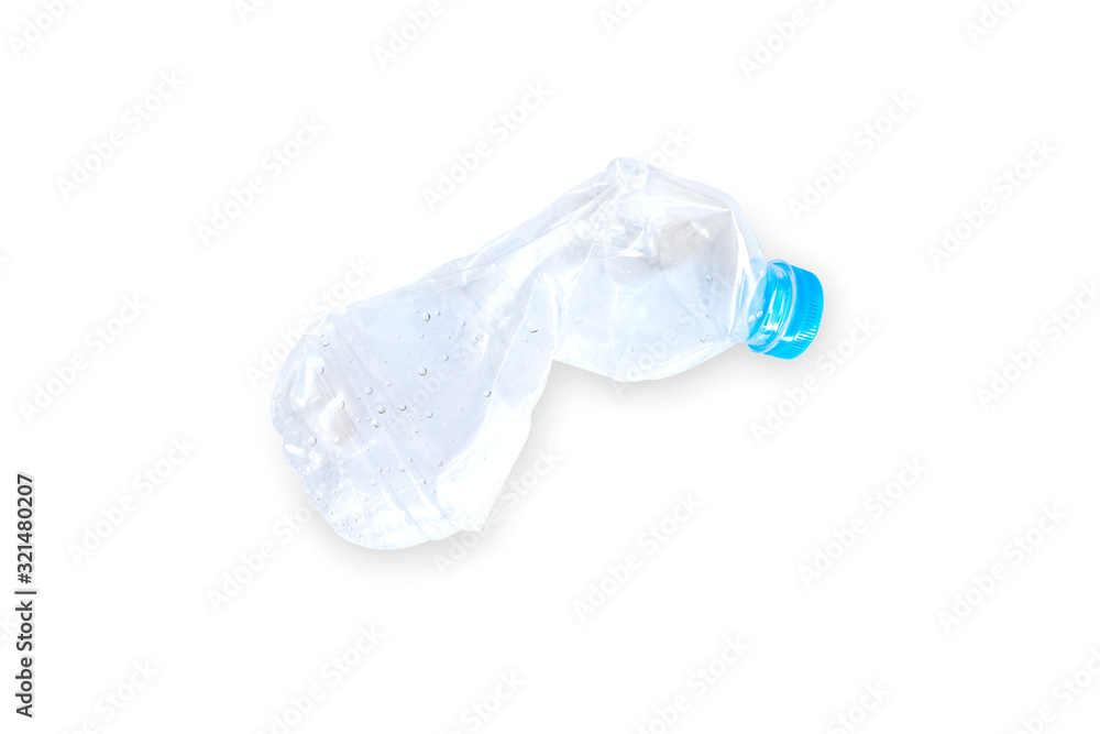 Empty and squashed water bottle.Close up of a plastic bottle for recycle isolated on white background Empty and squashed water bottle.Close up of a plastic bottle for recycle isolated on white background