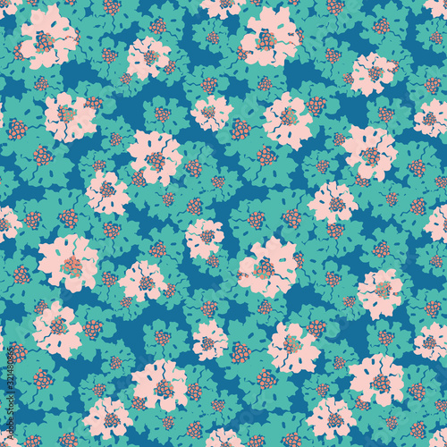 Turquoise and pink flowers on a blue background seamless vector pattern. Feminine surface print design. Great for fabrics, wrapping paper, scrapbooking and packaging. photo