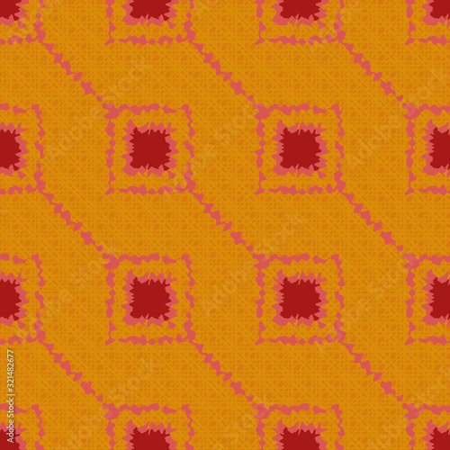 Red squares on orange background geometric abstract seamless vector pattern. Surface print design. photo