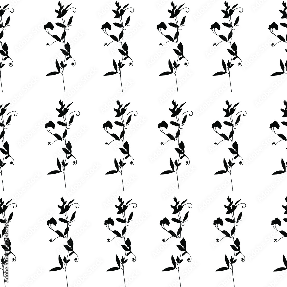 Spring seamless pattern on white background. Sprig vector drawing, botanical prints, floral illustrations, pen flower sketch art, black and white prints