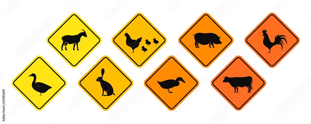 Village animals road sign. Isolated village animals on white background Village animals road sign. Isolated village animals on white background