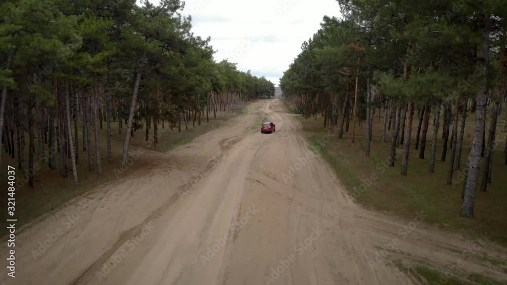 Scene with aerial top view tracking red car route between forest of trees next to gray auto during rest and picnic. Cinematic drone shot video of flight over gravel sandy road in pine forest Scene with aerial top view tracking red car route between forest of trees next to gray auto during rest and picnic. Cinematic drone shot video of flight over gravel sandy road in pine forest