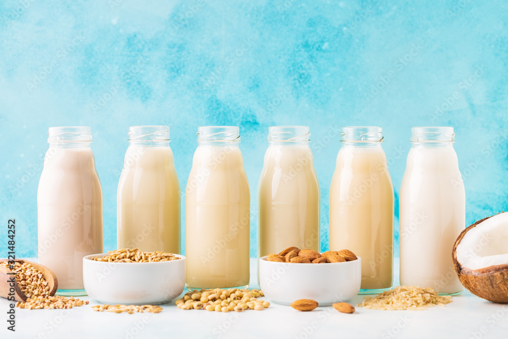 A bottles of alternative milk and ingredient A bottles of alternative milk and ingredient