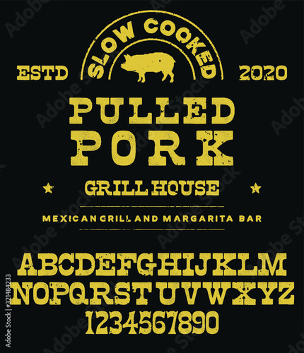 Hand drawn font for cafes, bars, restaurants where meat is eaten. Brazier, blood, grill, open fire inspired typeface. Textured unique script style alphabet. Letters and numbers. Vector Illustration.