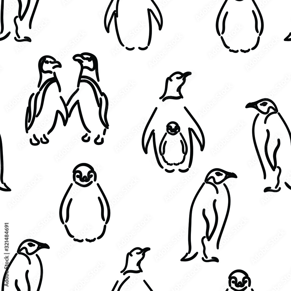 Naklejka premium Penguins , birds , animal vector hand drawn seamless pattern on white background. Concept for print, wallpaper, wrapping paper 