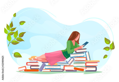 Girl reading, relax on stacks of books in spring background. Love read concept design. Beautiful green summer nature with Flat character. Modern vector card for web design, isolated white background