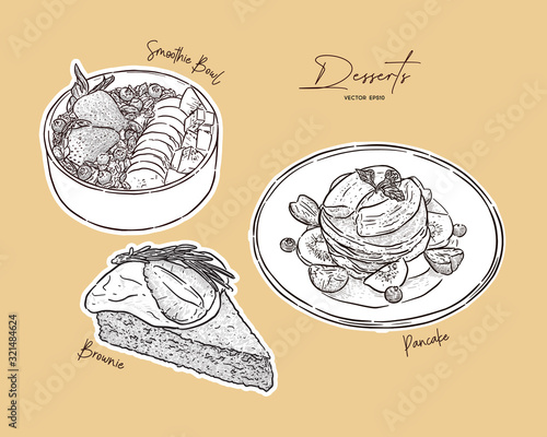 Set of dessert, smoothie bowl, pancake and brownie on top with varities fruit. hand draw sketch vector.
