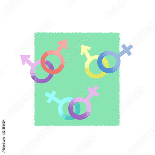 Vector semi flat illustration of gender signs. Three type of sexuality. Traditional and bisexual couple symbol. lesbian, gay people signs. Different sexual orientation icon.  Heterosexuality.