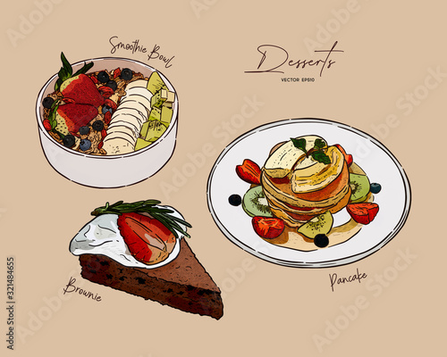 Set of dessert, smoothie bowl, pancake and brownie on top with varities fruit. hand draw sketch vector.