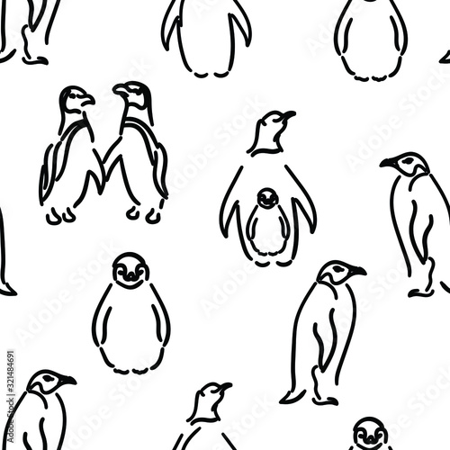 Penguins , birds , animal vector hand drawn seamless pattern on white background. Concept for print, wallpaper, wrapping paper 