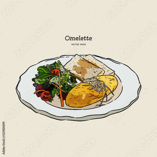 omelette with cheese , salad and toasts. Breakfast, hand draw sketch vector.