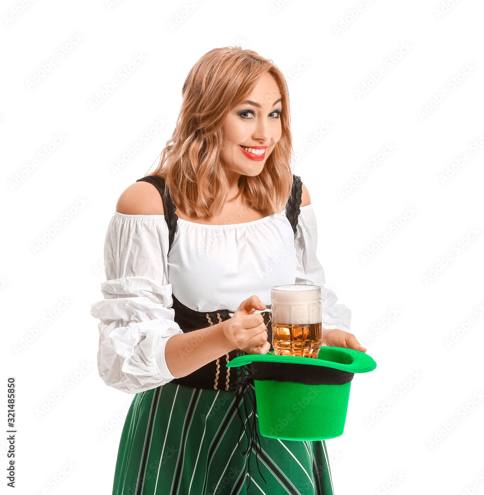Beautiful young woman with beer on white background. St. Patrick's Day celebration Beautiful young woman with beer on white background. St. Patrick's Day celebration