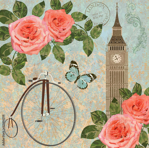 Vintage postcard London with Big Ben,roses and bicycle.