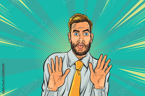 surprised man businessman and hand up worried Pop art retro vector illustration