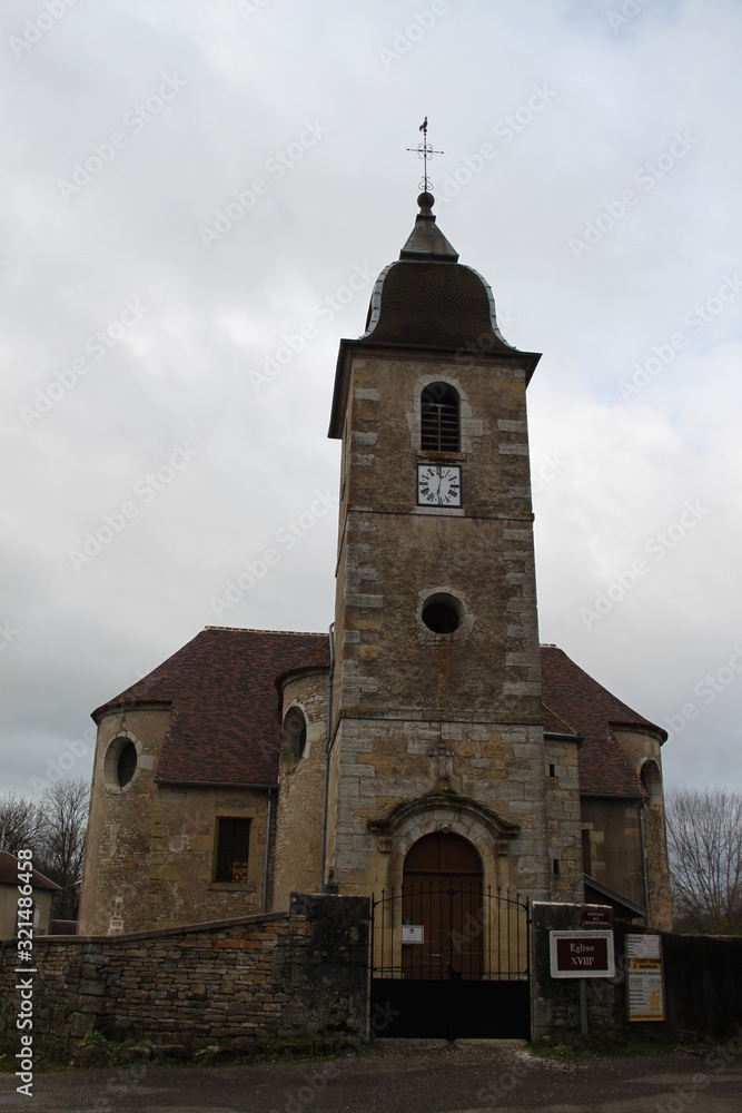 Clock tower church in a small village of Burgundy 