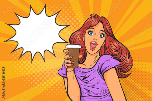 surprised happy woman with coffee cup