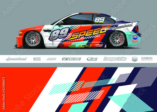 Race car livery design vector. Graphic abstract stripe racing background designs for vinyl wrap, race car, cargo van, pickup truck and adventure. Full vector Eps 10.