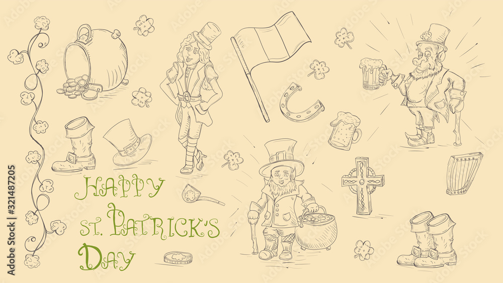 large set of outline illustrations for the design on the theme of St Patricks day in the style of Doodle,