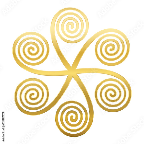 Golden star shaped symbol with six linear arithmetic spirals, made of Archimedean spirals, connected in a centre, appearing to rotate clockwise. Vector illustration on white background.