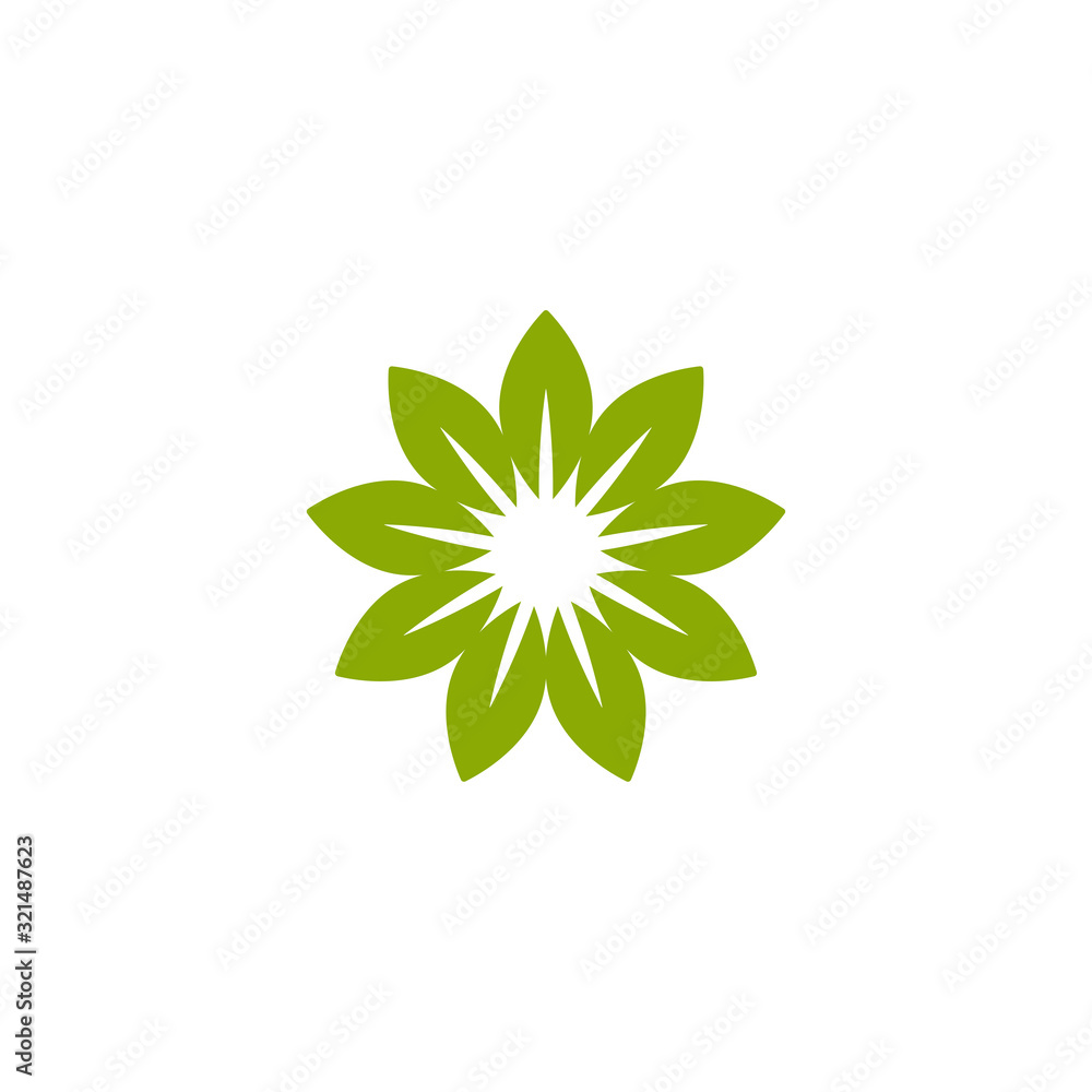Green flat icon of sunflower with 9 sharp petals. Isolated on white. Green flat icon of sunflower with 9 sharp petals. Isolated on white.